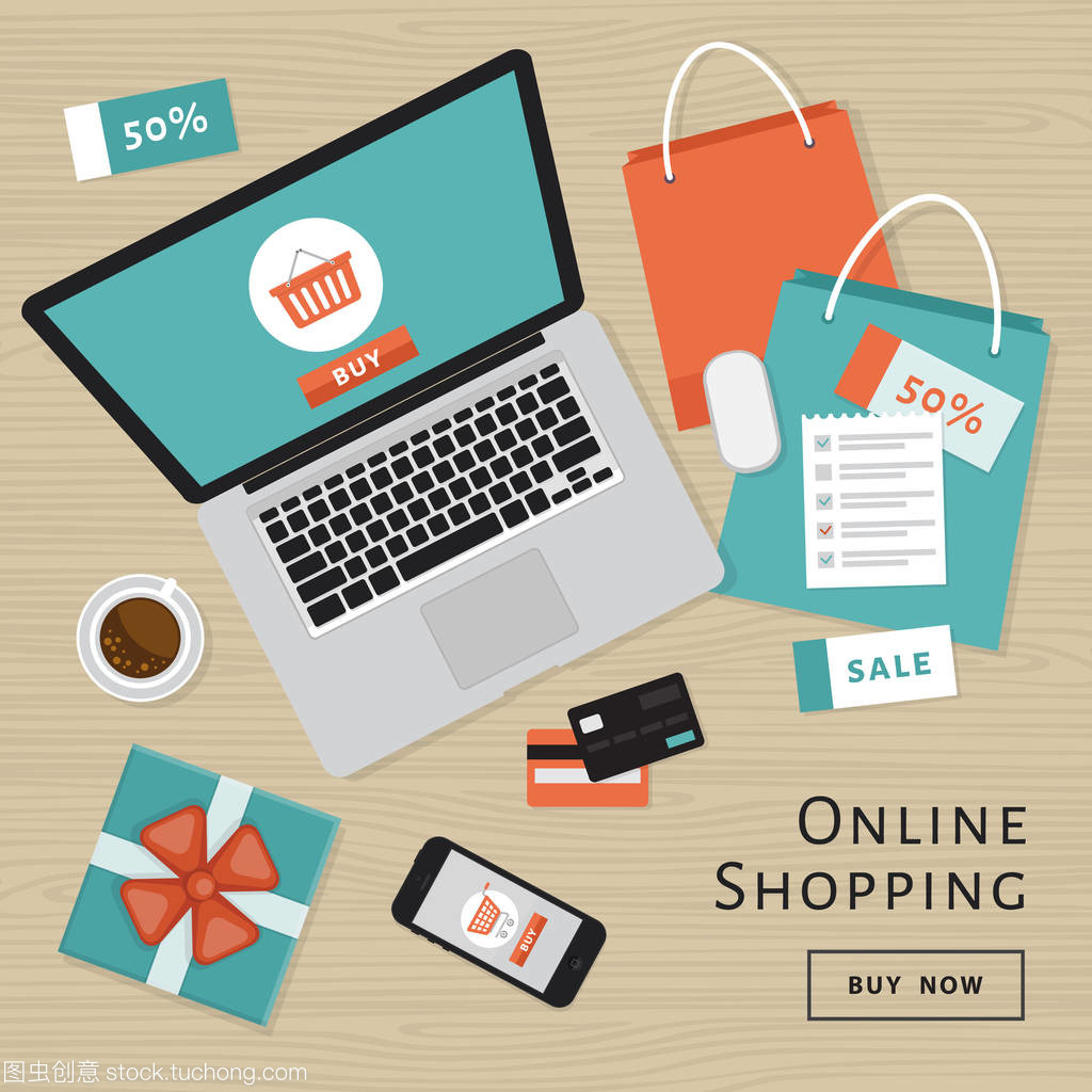 網上購物的概念。在線商店對象和橫幅。表與筆記本電腦, 購物袋, 信用卡, 禮品和優惠券。平面樣式, 矢量插圖